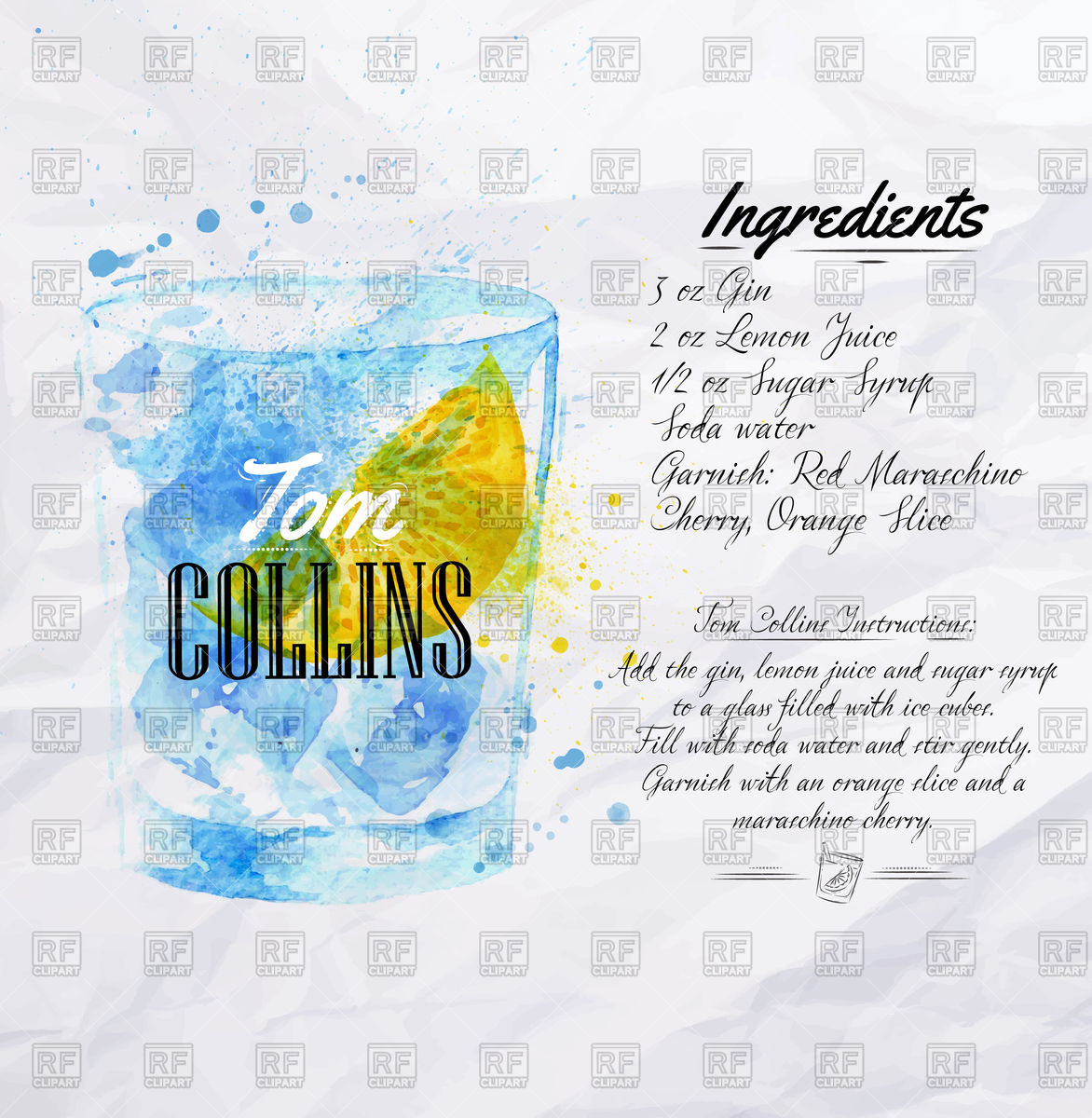 1172x1200 Tom Collins Cocktail Watercolor Drawn, Including Recipe Vector