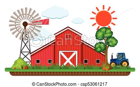 450x279 Scene With Red Barn And Blue Tractor Illustration.