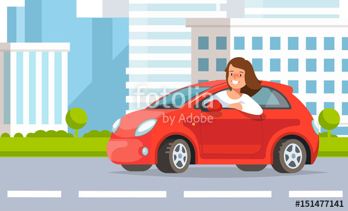 500x303 Vector Illustration Of Young Woman Auto Driver Rides In Red Car