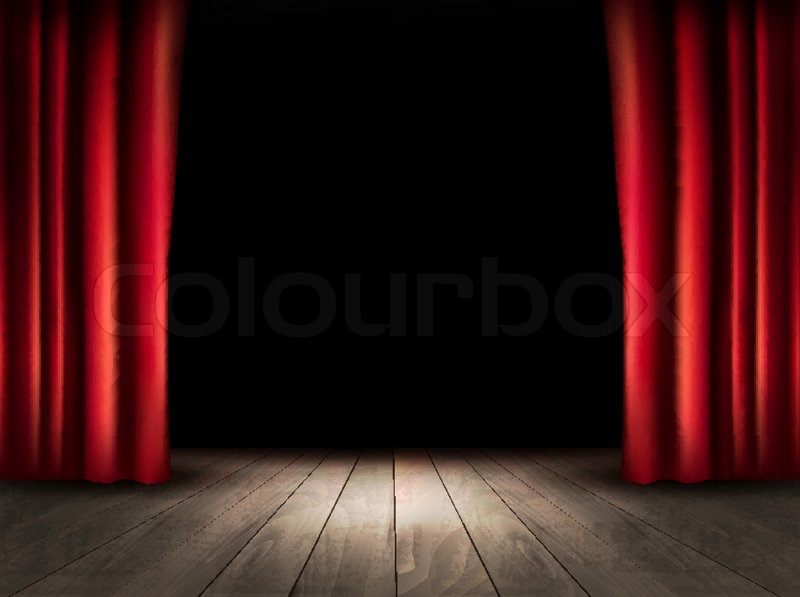 800x597 Theater Stage With Wooden Floor And Red Curtains. Vector. Stock