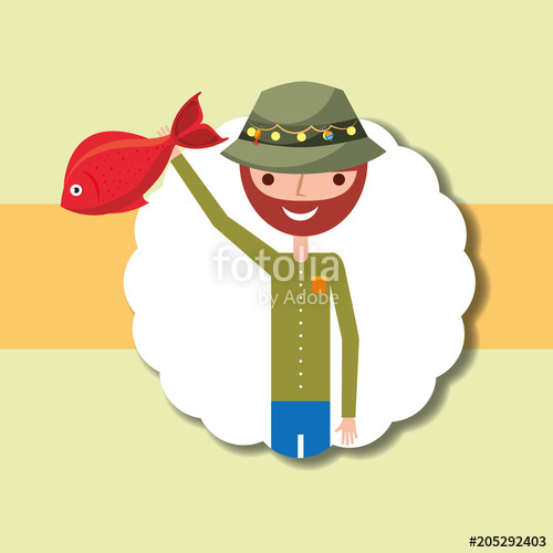 500x500 Fisherman Cartoon Character Holding Red Fish Vector Illustration