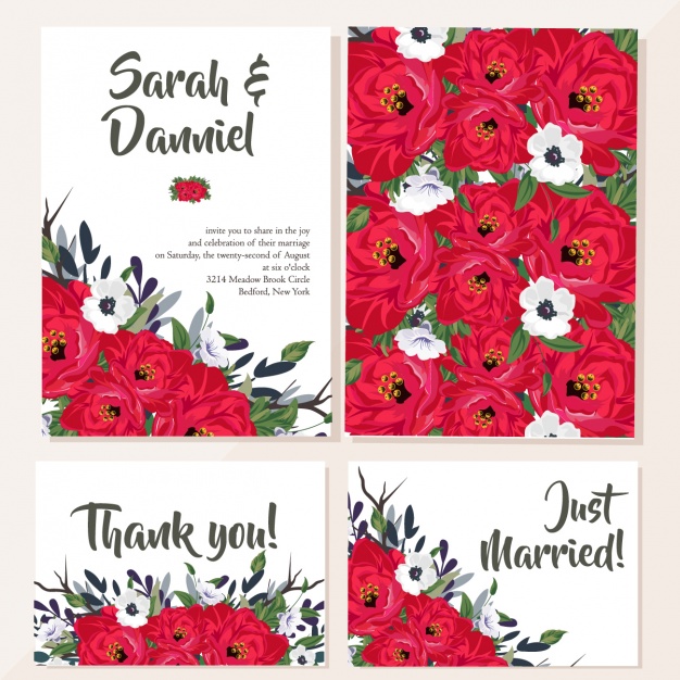 626x626 Wedding Card With Red Flowers Vector Free Download