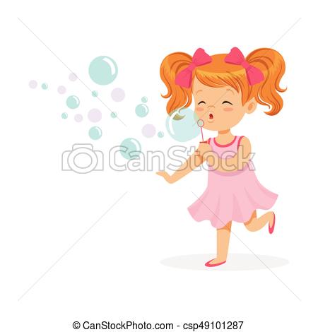 450x470 Happy Redhead Girl In Pink Dress Blowing Bubbles Vector
