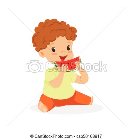 450x470 Cute Little Redhead Boy Character Enjoying Eating Watermelon