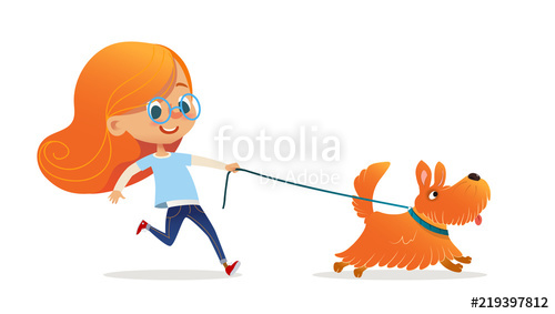 500x283 Funny Little Girl With Red Hair And Glasses Walking Puppy On Leash