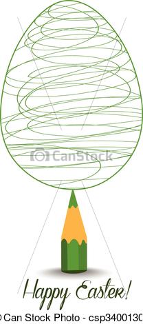 208x470 Green Pencil With Reflection Drawing Easter Egg On White Background.