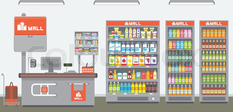 799x385 Supermarket Interior, Shop Shelves And Refrigerator, Vector