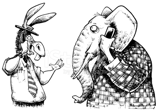 622x440 Republican Elephant And Democrat Donkey, Talking On Phone Stock