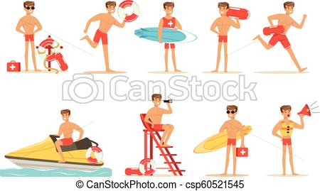 450x269 Lifeguard Man Character Doing His Job. Water Rescue Vector