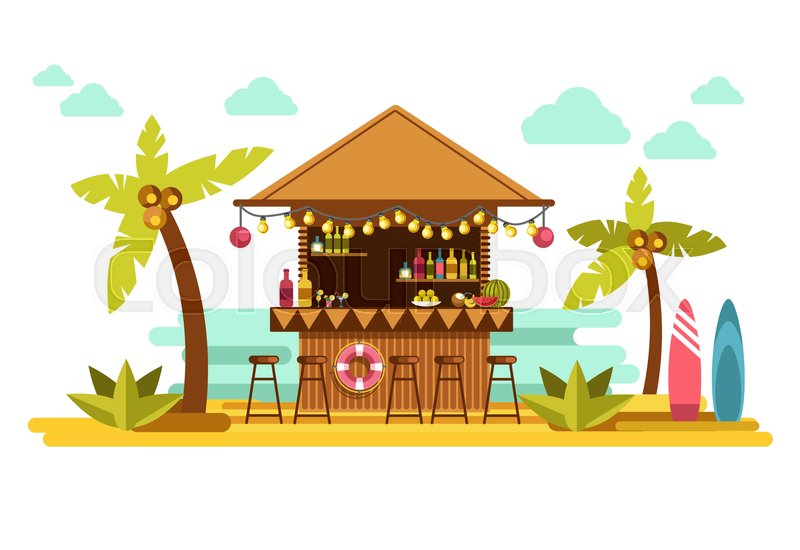 800x550 Beach Bar Counter Of Tropical Resort. Vector Flat Design Of Exotic