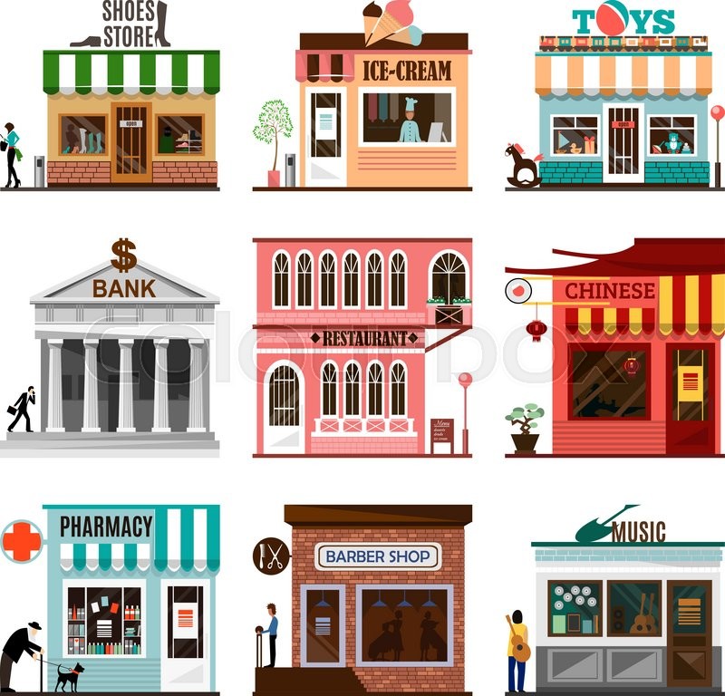 800x768 Set Of Flat Shop Building Facades Icons. Vector Illustration Local