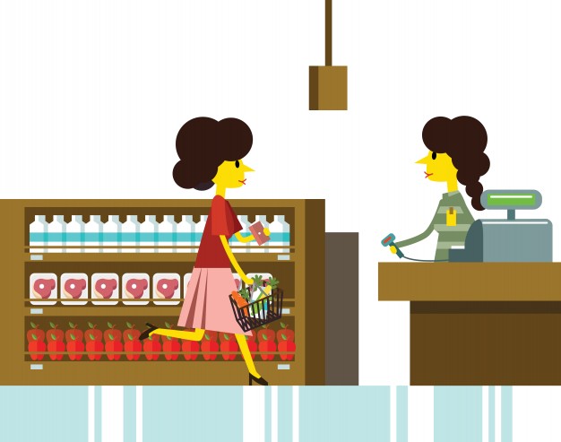 626x493 Woman Shopping In Supermarket, Cashier And Retail. Vector