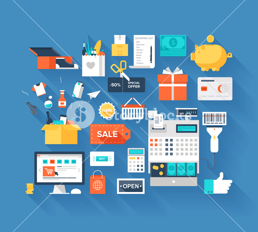 1000x900 Flat Vector Design Of Shopping And Retail Concept With Long Shadow