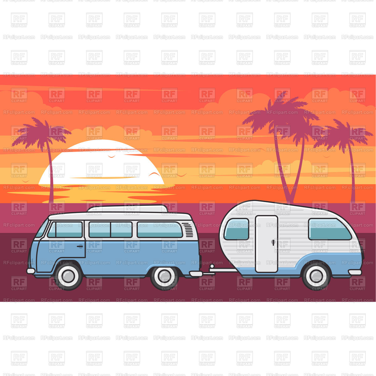 1200x1200 Retro Van With Camper Trailer And Evening Sea Beach Vector Image