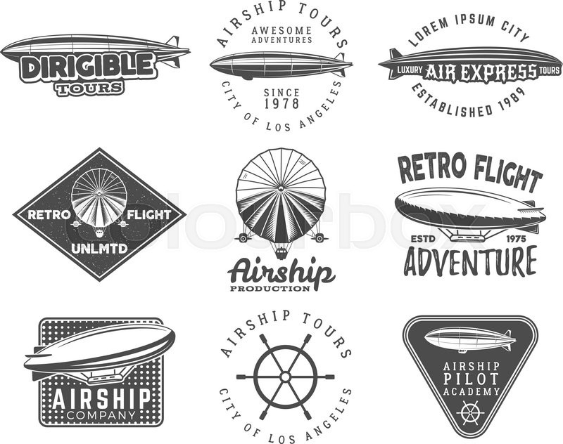 800x632 Vintage Airship Logo Designs Set. Retro Dirigible Badges
