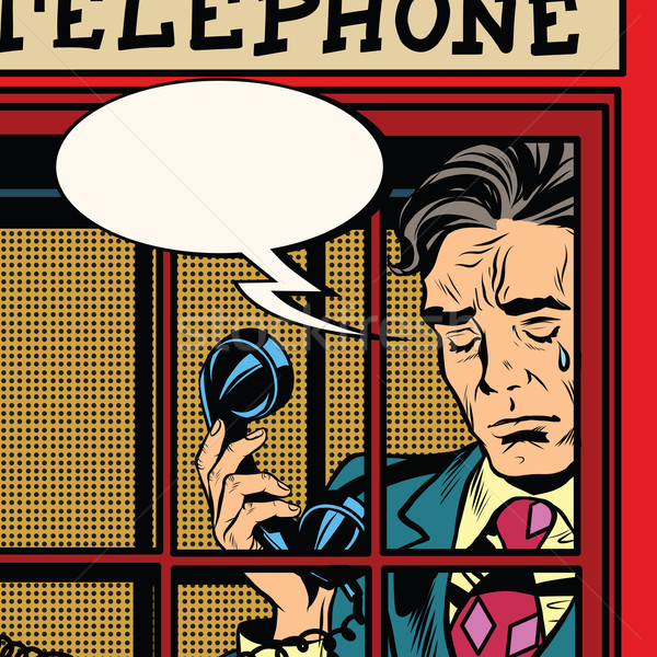 600x600 Retro Man Crying In The Red Phone Booth Vector Illustration