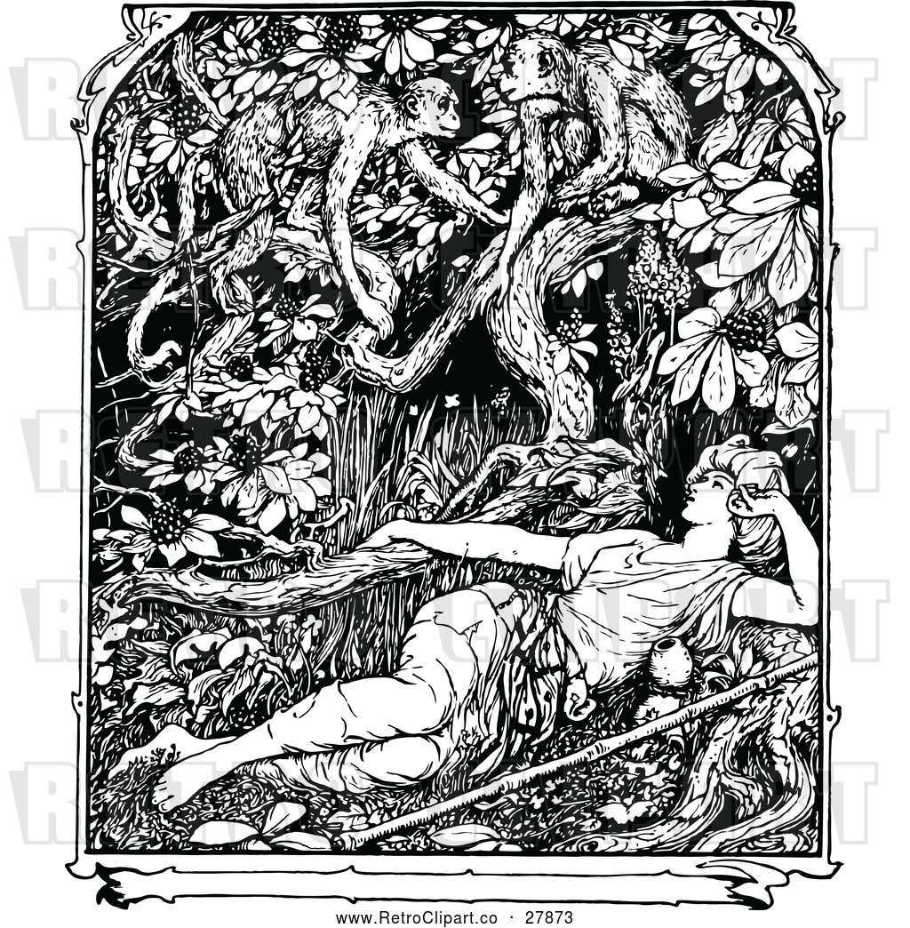 1024x1044 Vector Clip Art Of Retro Man And Monkeys In A Jungle By Prawny