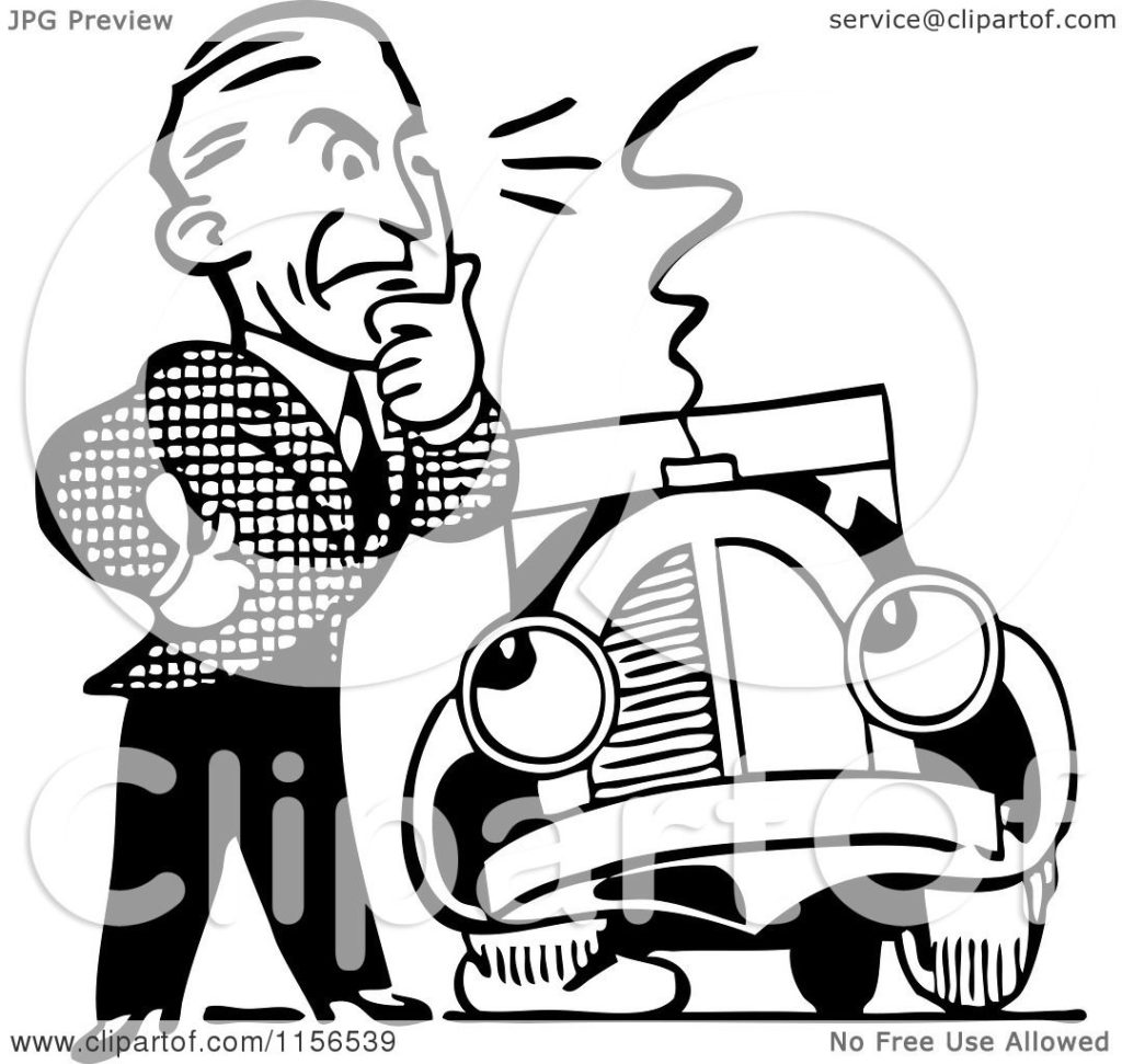 1024x971 Clipart Of A Black And White Retro Man Car With Flat Tire Royalty