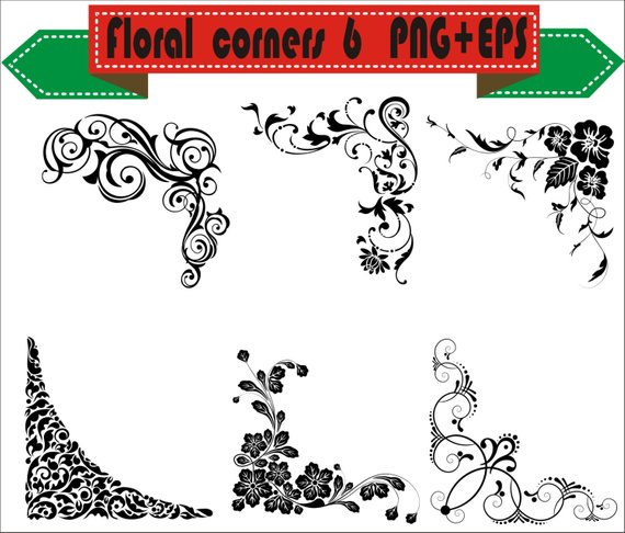 570x486 Floral Corner Flowers Plant Border Retro Vector Clipart Png Etsy