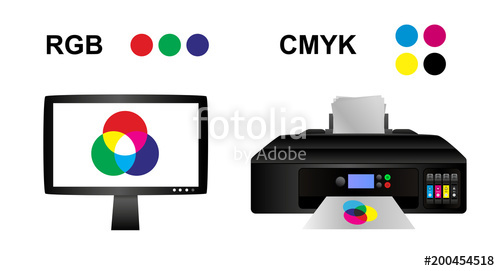 500x271 Vector Rgb And Cmyk Concept With Lcd Monitor And Office Printer