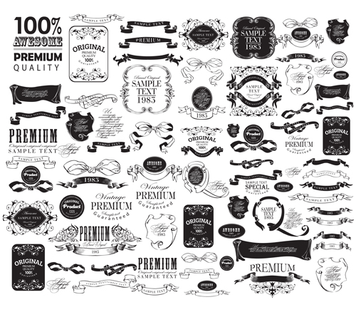 500x438 Black Vintage Ornaments With Labels And Ribbon Vector 03 Free Download