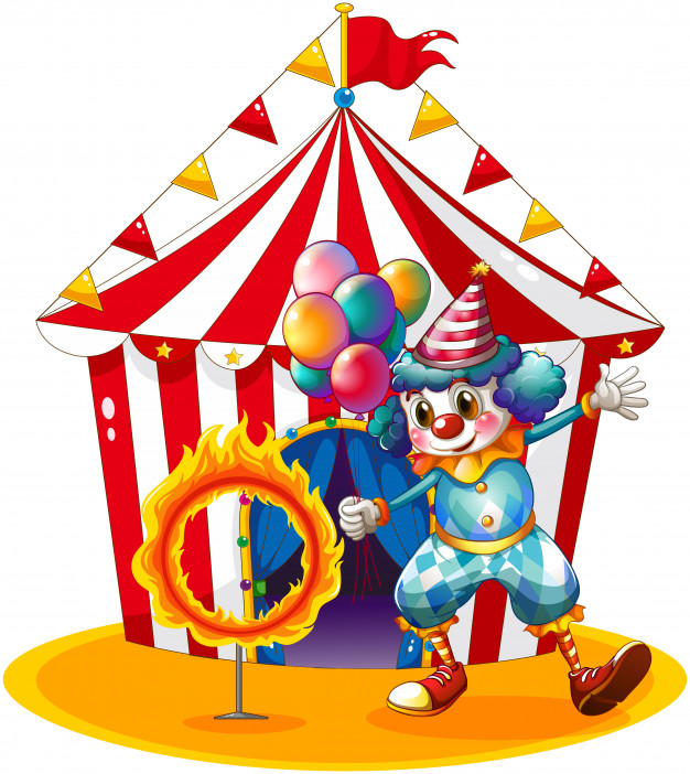 626x702 A Clown Holding Balloons Near The Ring Of Fire Vector Premium