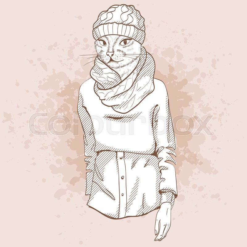 800x800 Vector Sketch Of Female Model With Cats Head Wearing Ripped Jeans