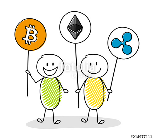 500x456 Happy Group Of Stickman Holding Cryptocurrency Icons (Bitcoin