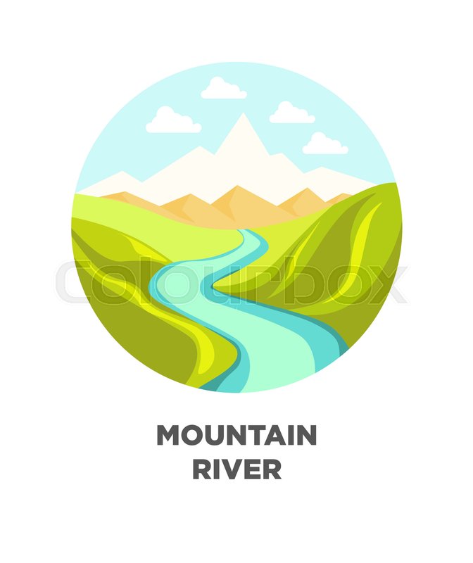 672x800 Mountain River Nature Landscape. Vector Isolated Flat Icon For