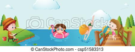 450x176 Kids Having Fun In The River Illustration.
