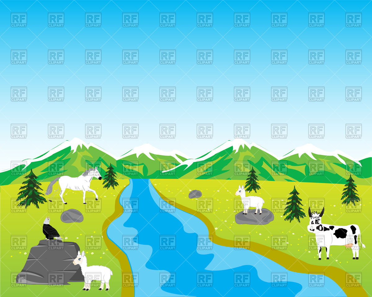 1200x960 Mountain Landscape With River And Animals Vector Image Vector