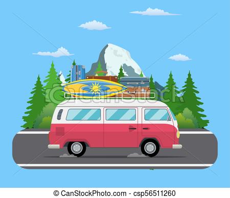 450x389 Road Travel Trailer Driving On Forest Area Road. Travel Van With