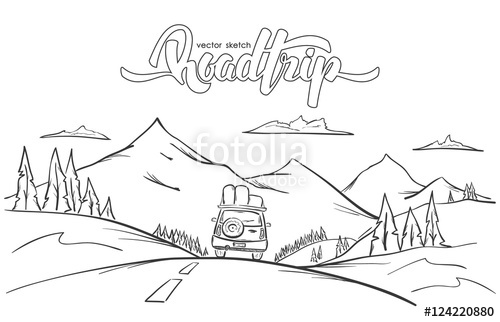 500x322 Vector Illustration Hand Drawn Mountains Landscape With Rides Car