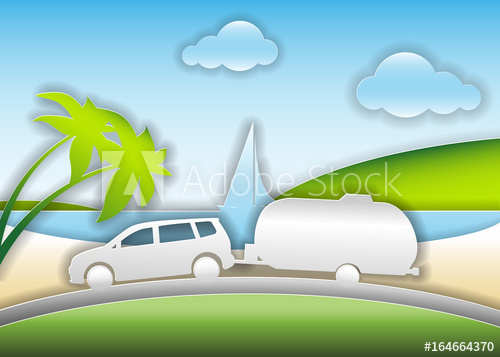 500x357 Car With Trailer Travels On A Summer Road Trip. Vector