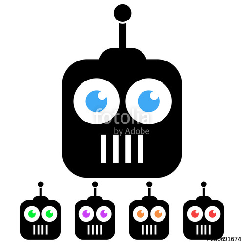 500x500 Simple, Black Botrobot Head Icon. Five Eye Color Variations