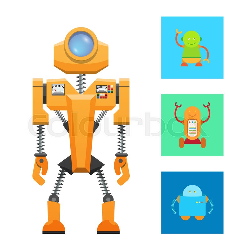 771x800 Futuristic Machine Concept, Yellow Robot Icon, Vector Illustration