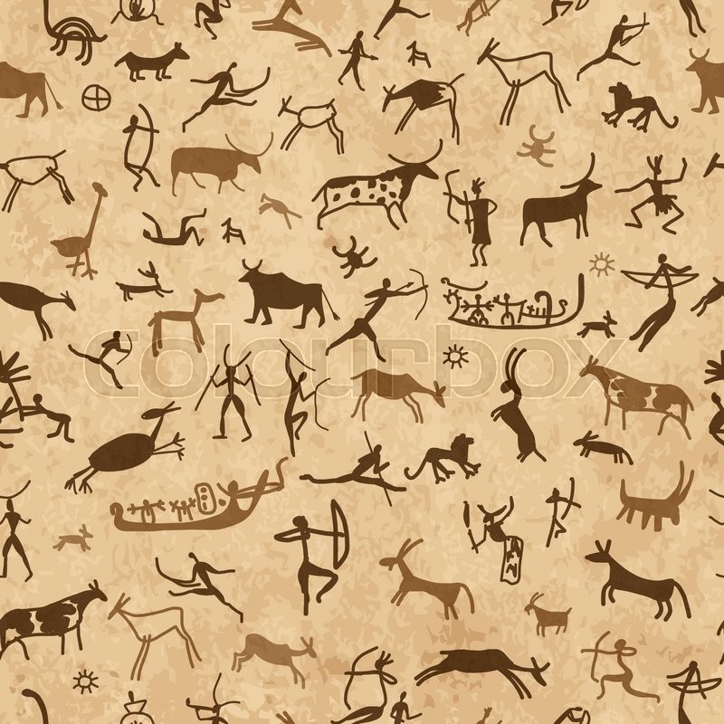 800x800 Rock Paintings With Ethnic People, Seamless Pattern, Vector