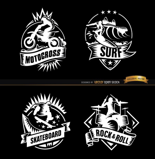 600x616 4 Extreme Sports And Rock Badges Free Vector 123freevectors