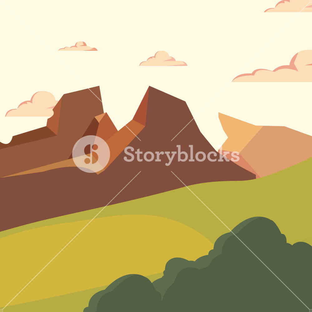 1000x1000 Landscape With Rocky Mountains And Bush, Colorful Design. Vector