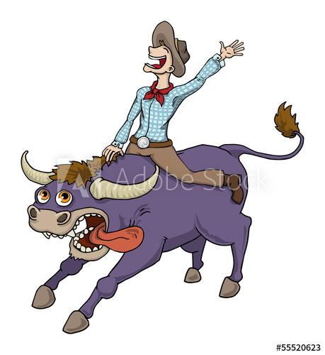 459x500 Happy Cowboy Riding Bull In Rodeo, Vector Illustration