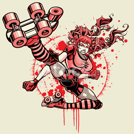 440x440 Roller Derby Girl Flying Kick 3 Color Halftone Version Stock