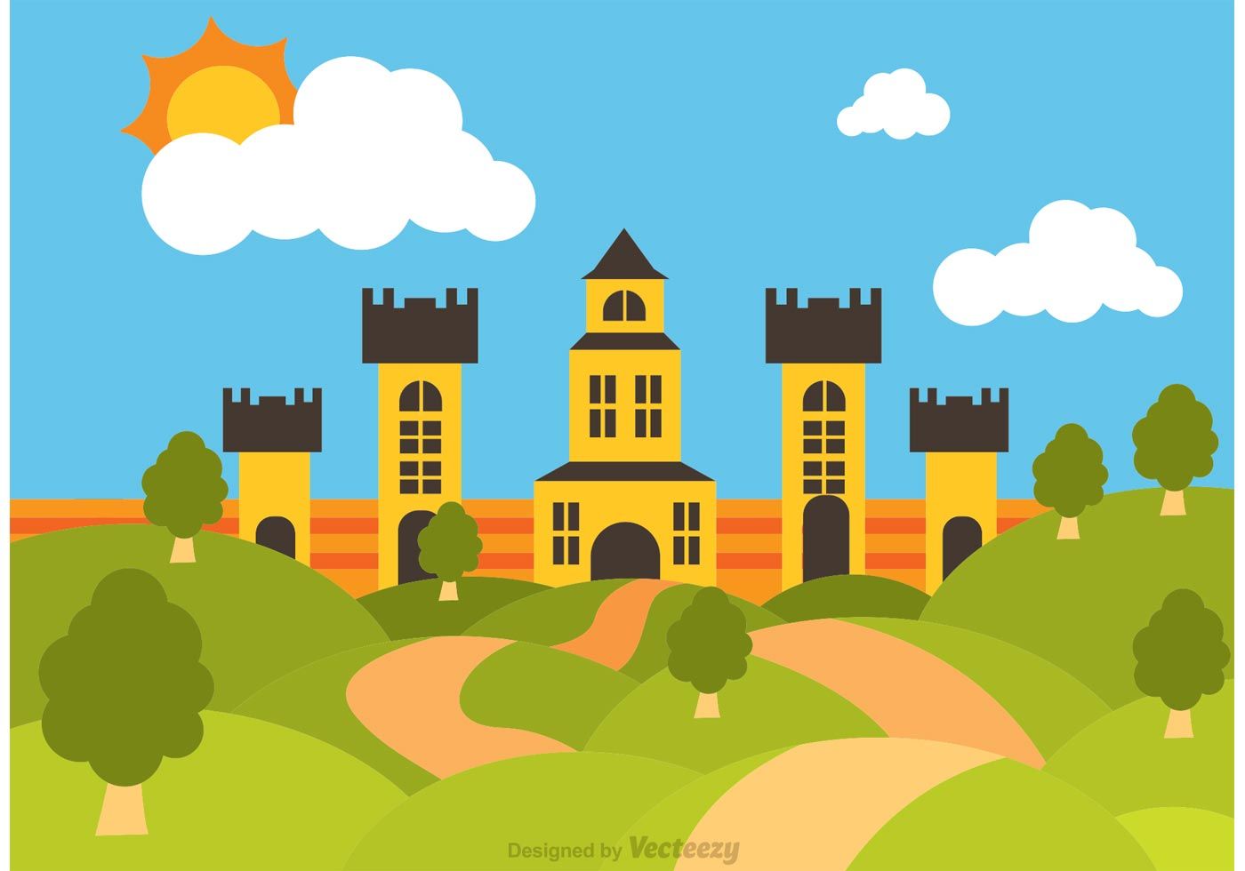 1400x980 Illustration Of Rolling Hills Landscape With Big Castle Vector