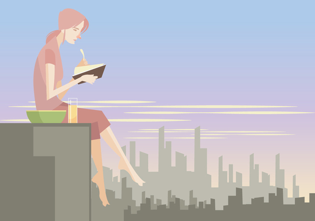 632x443 A Girl Reading A Book While Eating Snacks At The Rooftop Vector