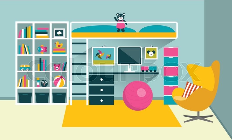 800x486 Kids Room. Children Furniture With Bunk Bed And Table. Flat Design