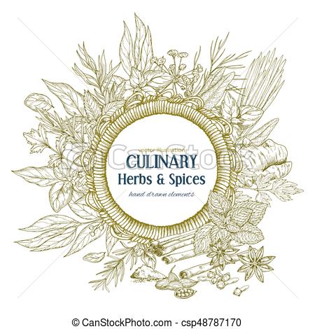 450x470 Round Rope Frame Surrounded By Culinary Herbs And Spices, Vector