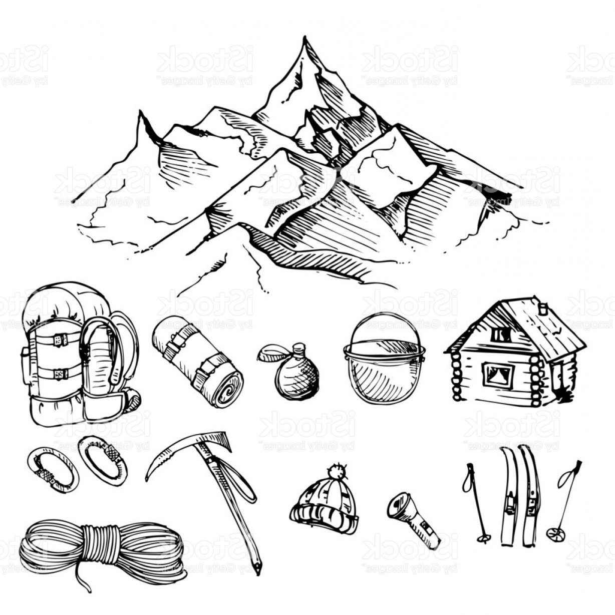 1228x1228 Hand Drawn Ink Vector Set Of Climbing Mountain Camping Mountain