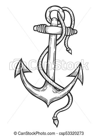 339x470 Vintage Anchor With Rope, Hand Drawn Sketch Engraving Style