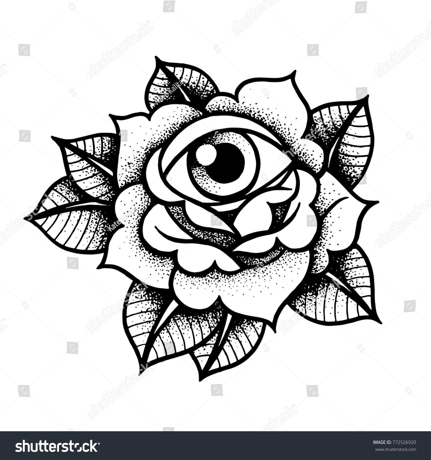 1500x1600 Old School Rose Tattoo With Eye. Traditional Black Dot Style Ink