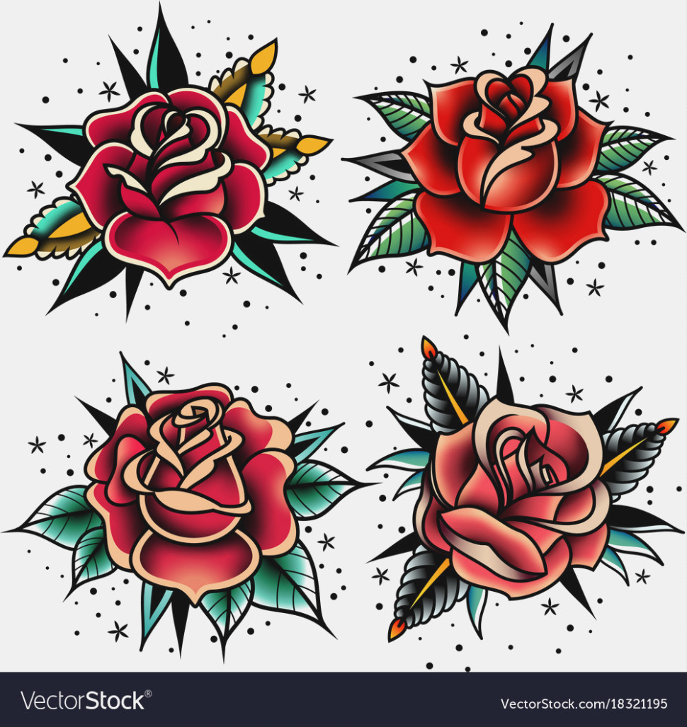 970x1027 Old School Tattoo Roses Set Royalty Free Vector Image Old Rose