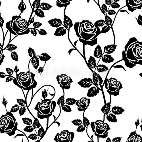 500x500 Rose Seamless Pattern. Black And White Seamless Pattern With